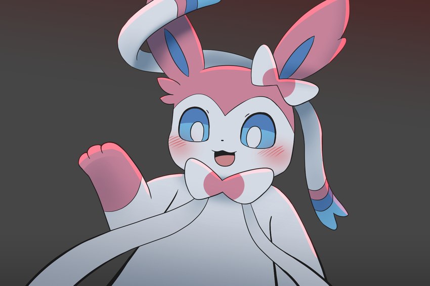 ambiguous_gender blue_inner_ear blush bow_(anatomy) fur gradient_background multicolored_body multicolored_fur open_mouth pink_body pink_ears pink_fingers pink_fur pink_tongue ribbons_(anatomy) simple_background solo tongue white_body sum nintendo pokemon eeveelution generation_6_pokemon pokemon_(species) sylveon hi_res