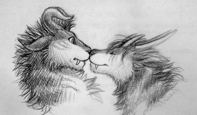 ambiguous_gender boop duo eyes_closed fur horn kissing simple_background smile surprise conditional_dnp ratte legacy_(ratte) andromeda_(ratte) xultza deciduous_forest_ratteguhn hybrid ratteguhn taiga_ratteguhn 2016 monochrome traditional_media_(artwork)