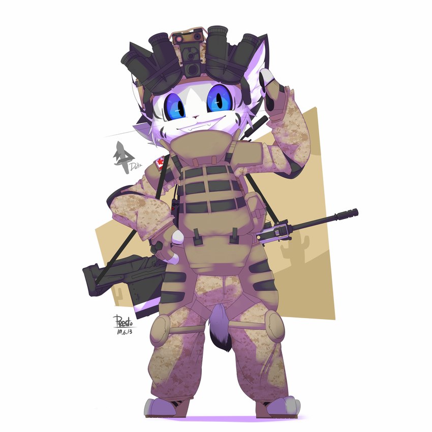 3_toes ambiguous_gender anthro armor binoculars black_ears black_markings black_pawpads black_sclera black_tail blue_eyes body_armor bottomwear bullpup_rifle cactus camo camo_bottomwear camo_clothing camo_headgear camo_helmet camo_pants camo_print canadian_flag clenched_teeth clothing cute_fangs fangs feet fingerless_gloves front_view fur furgonomics gesture gloves grey_body grey_fur grey_tail gun hand_on_hip handwear headgear helmet knee_pads logo looking_at_viewer magazine_(gun) maple_leaf markings military_uniform multicolored_body multicolored_fur multicolored_tail pants pattern_bottomwear pattern_clothing pattern_headgear pattern_helmet pattern_pants pawpads plant pose pouches pupils ranged_weapon rifle silencer simple_background smile solo standing straps striped_markings stripes tail tan_bottomwear tan_clothing tan_helmet tan_pants teeth text toes uniform weapon white_background white_body white_fur presto_(artist) verk_(presto) felid feline lynx mammal 1:1 2017 dated digital_media_(artwork) english_text hi_res signature male_(lore)