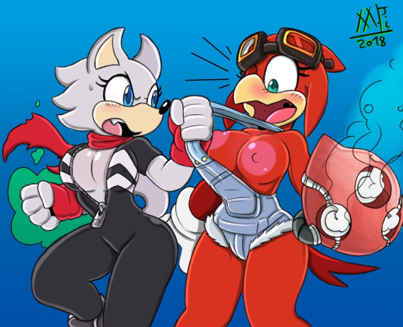 angry anthro assisted_exposure blue_background blue_eyes blush bodysuit breasts clothed clothing duo eyewear feathers female fight forced fur goggles green_eyes grey_body grey_fur nipples overalls powers red_body red_feathers simple_background skinsuit smoke surprise tight_clothing topless undressing weapon meatboom sega sonic_forces sonic_the_hedgehog_(series) custom_character_(sonic_forces) rosa_(sssonic2) wolf_girl_(sssonic2) avian bird canid canine canis mammal wolf