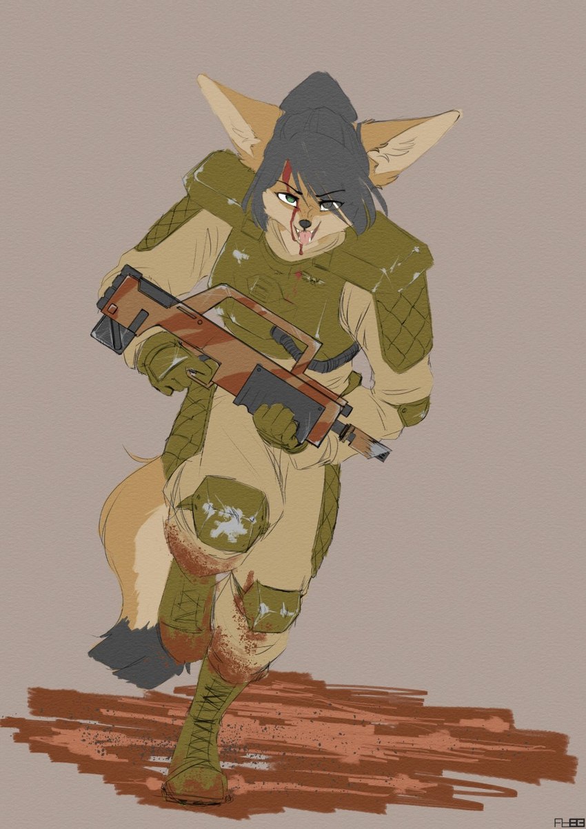 anthro astra_militarum blood bodily_fluids clothed clothing faye_ishelwood female imperial_guard lasgun ranged_weapon solo weapon foxboy83 warhammer_(franchise) warhammer_40000 canid canine fennec_fox fox mammal true_fox digital_media_(artwork) hi_res