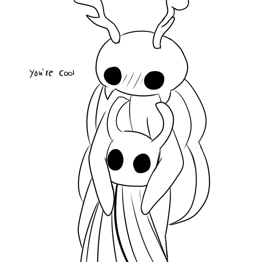 2_horns ambiguous_gender antennae_(anatomy) black_eyes black_text cloak clothing dialogue duo female horn looking_at_another mouthless simple_background text white_background white_head skeletorskeletonized hollow_knight team_cherry bretta_(hollow_knight) the_knight_(hollow_knight) arthropod beetle insect vessel_(species) 1:1 2020 digital_media_(artwork) english_text monochrome nonbinary_(lore)