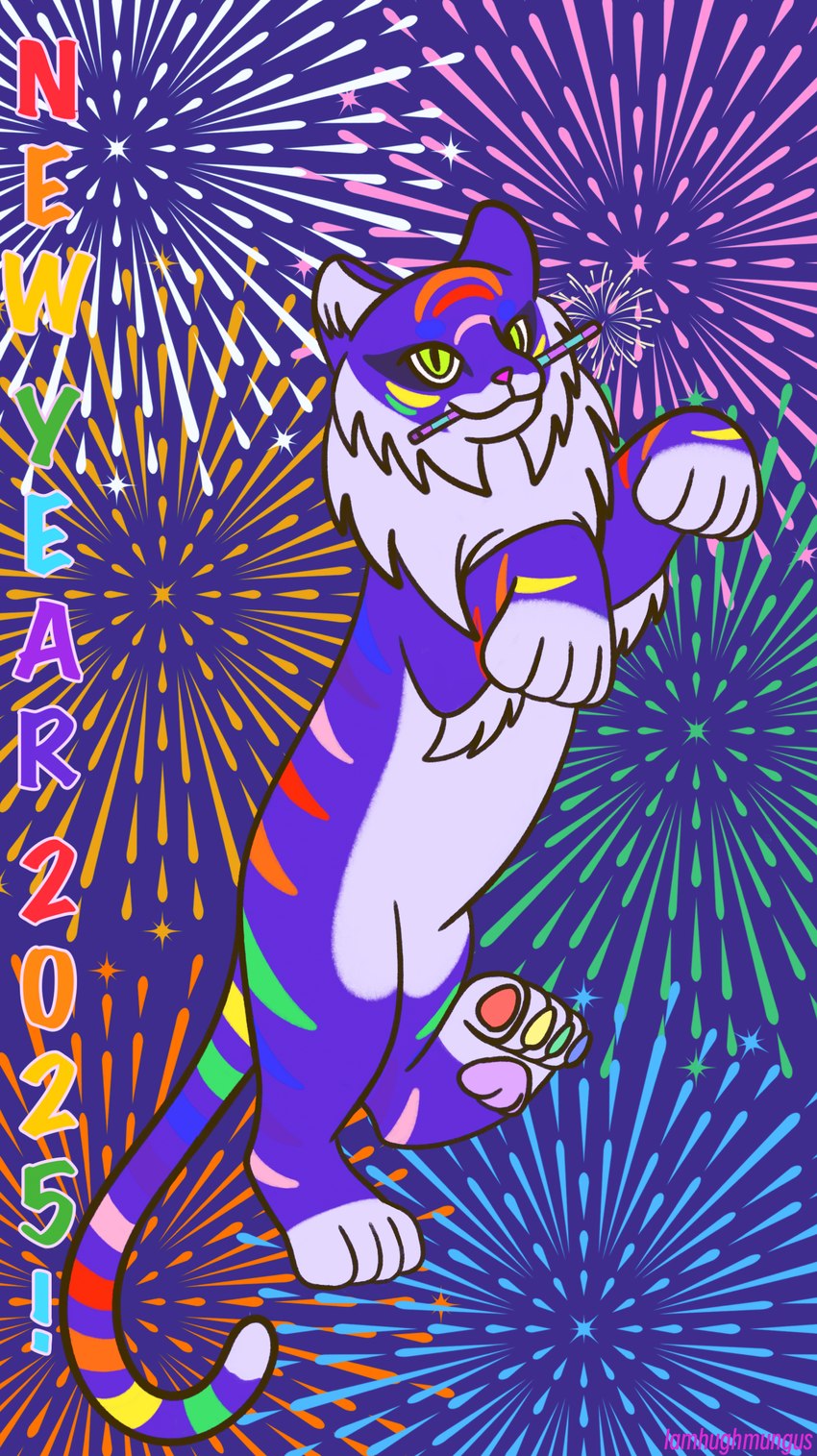 4_toes all_fours arm_tuft celebration chest_tuft colorful_background countershade_face countershade_paws countershade_torso countershading ear_tuft eye_markings facial_markings facial_tuft feet feral fireworks fur green_eyes happy head_markings holidays iamhughmungus inner_ear_fluff long_tail male mane markings multicolored_body multicolored_fur multicolored_markings multicolored_pawpads multicolored_tail object_in_mouth pawpads paws pink_nose pose pupils purple_body purple_fur quadruped rainbow_body rainbow_fur rainbow_tail rainbow_text slit_pupils solo sparklefur striped_body striped_fur striped_markings stripes tail text toes tuft new_year anuenue felid feline mammal pantherine tiger 2025 absurd_res digital_media_(artwork) hi_res signature