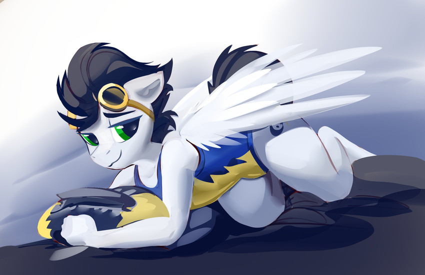 all_fours anthro anthrofied bedroom_eyes bulge clothed clothing crossdressing eyewear femboy goggles looking_at_viewer lying male narrowed_eyes one-piece_swimsuit seductive solo swimming_goggles swimwear wings dimfann third-party_edit yoditax friendship_is_magic hasbro my_little_pony mythology soarin_(mlp) wonderbolts_(mlp) equid equine mammal mythological_creature mythological_equine pegasus 2020 color_edit colored hi_res