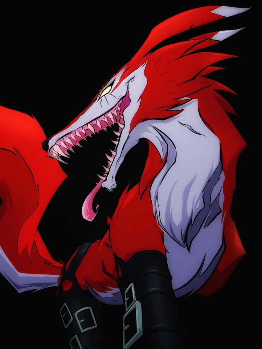 bodily_fluids feral fur leather long_snout long_tongue red_body red_fur saliva sharp_teeth snout solo straps teeth tongue tongue_out steven_purifoy bandai_namco digimon canid canine canis digimon_(species) fangmon mammal wolf 3:4 hi_res