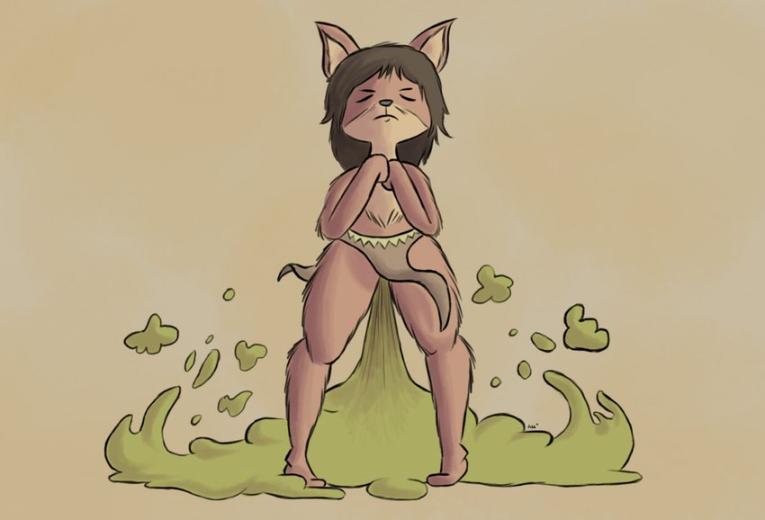 anthro bottomwear brown_hair brown_nose clothed clothing eyes_closed fart fart_cloud fart_fetish female focused fur hair hyper hyper_fart loincloth loincloth_only orange_body orange_fur solo tan_body tan_fur topless jubb canid canine mammal 2018 signature