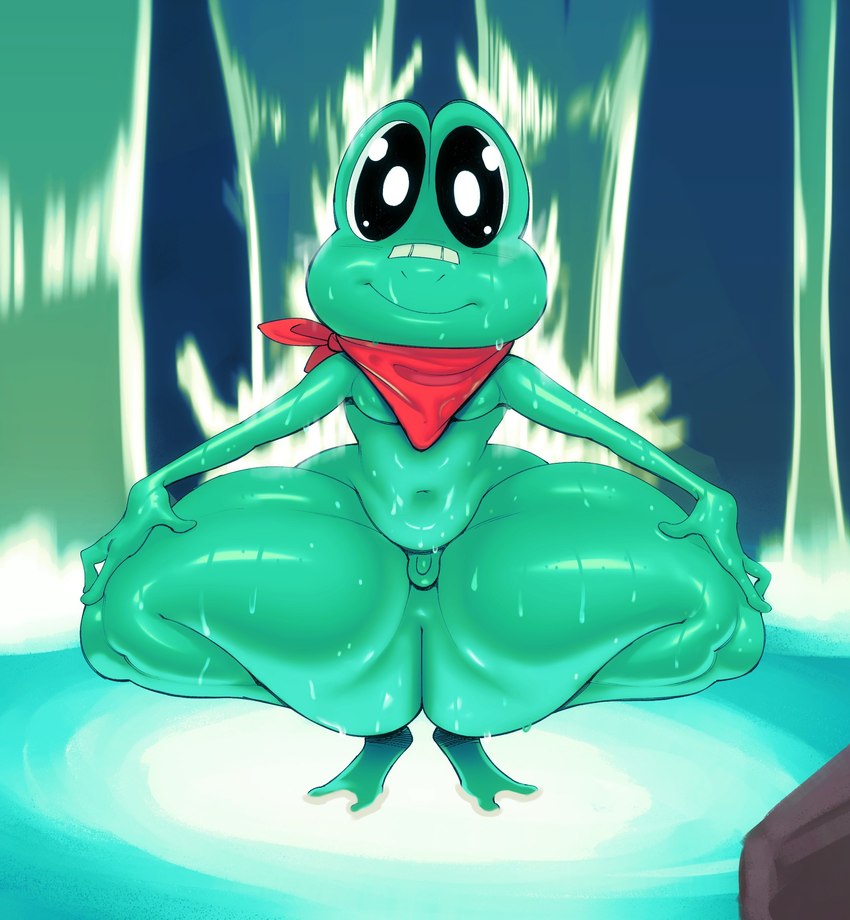 anthro balls bandage big_butt black_eyes butt crouching genitals green_body huge_butt huge_thighs kerchief looking_at_viewer male micro_balls micropenis nude penis pupils slightly_chubby small_balls small_penis smile solo spread_legs spreading thick_thighs wet wet_body white_pupils sqoon amphibian frog 2022 hi_res