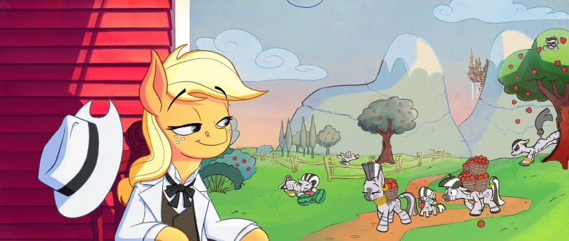 apple blonde_hair bucket chair clothed clothing cloud container detailed_background farm fence feral food fruit furniture group hair half-closed_eyes hat headgear headwear long_hair melon mountain narrowed_eyes necktie plant racism shirt shrub sitting slave smile topwear watermelon anontheanon friendship_is_magic hasbro my_little_pony applejack_(mlp) bandy_cyoot zeal_lanatus_(oc) zeta_(oc) zizzie_(oc) equid equine horse mammal pony zebra hi_res