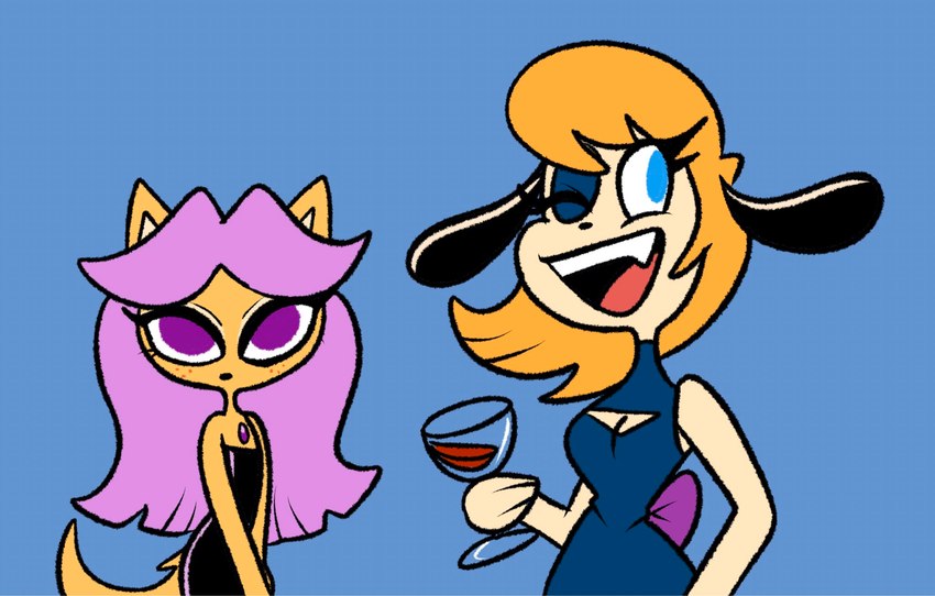 anthro cleavage_cutout clothing container cup cutout dress drinking_glass duo female glass glass_container glass_cup hair looking_at_viewer one_eye_closed pink_hair purple_eyes smile standing wine_glass wink yellow_body idytwisted nickelodeon t.u.f.f._puppy daisy_(t.u.f.f._puppy) canid canine canis domestic_cat domestic_dog felid feline felis mammal colored half-length_portrait hi_res portrait