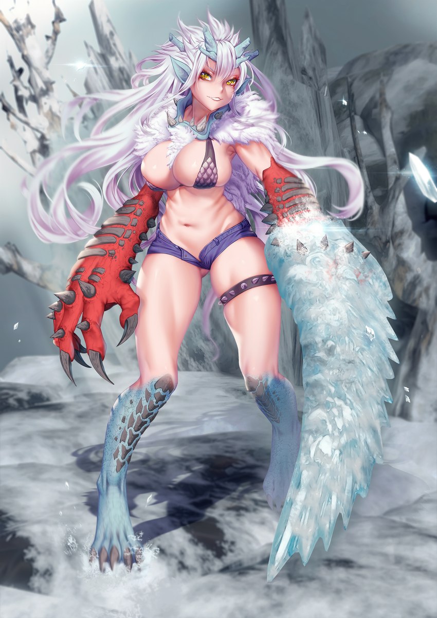 big_breasts big_hands bikini bikini_top blade_arm blue_body blue_bottomwear blue_clothing blue_horn blue_hotpants blue_scales blue_shorts bottomwear breasts chest_tuft claws clothing digitigrade eyelashes female fur grey_claws grey_clothing grey_topwear hair horn hotpants humanoid_pointy_ears ice_blade long_hair looking_at_viewer navel neck_tuft pointy_ears red_body red_scales scales shorts skindentation smile solo swimwear thick_thighs topwear tuft two-piece_swimsuit weapon_arm white_body white_fur white_hair wide_hips yellow_eyes proudsoul capcom monster_hunter goss_harag horned_humanoid humanoid hi_res