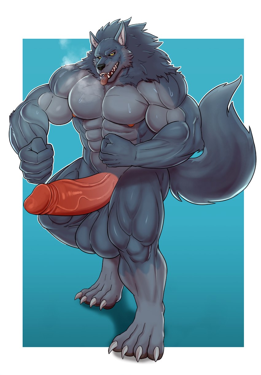 abs anthro balls biceps big_balls big_muscles big_penis breath claws erection fangs fur genitals grey_body grey_fur huge_balls huge_penis humanoid_genitalia humanoid_penis hyper looking_at_viewer male muscular nipples nude pecs penis simple_background solo teeth tongue tongue_out vein veiny_penis yellow_eyes flasker enigma_(daltenigma) canid canine canis mammal wolf hi_res