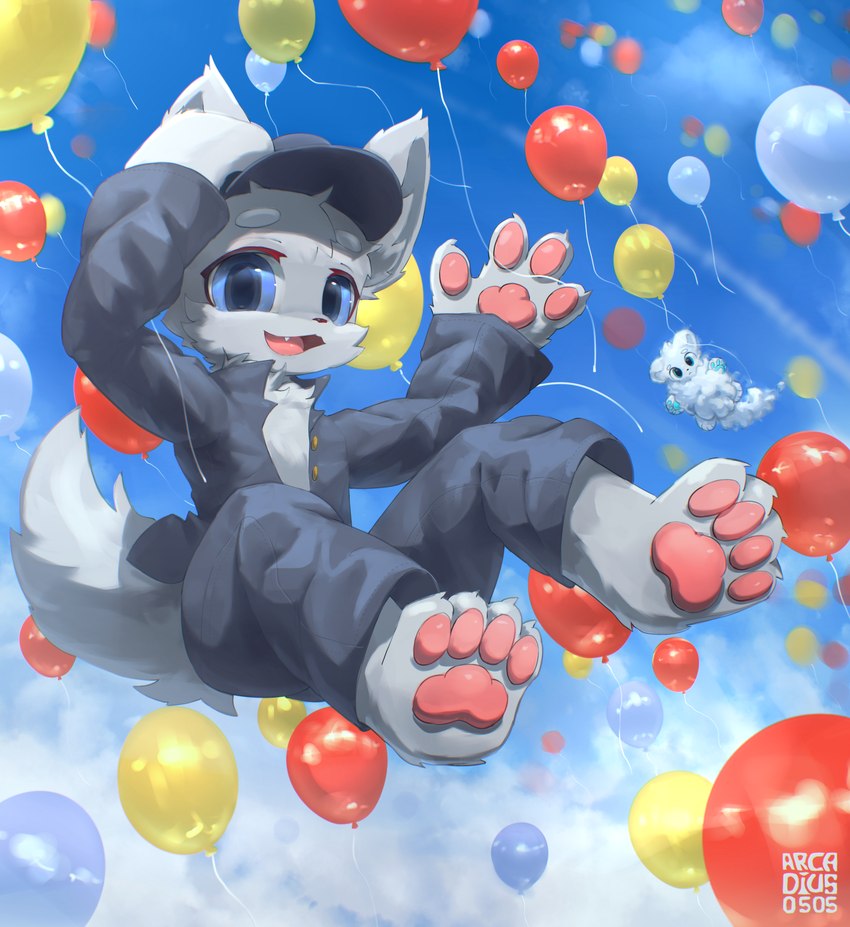 4_fingers 4_toes anthro balloon black_nose blue_eyes cheek_tuft circle_eyebrows clothing cloud cute_fangs duo eyebrows facial_tuft fangs feet fingers fur glistening glistening_eyes grey_body grey_fur grey_inner_ear grey_inner_ear_fluff grey_tail hand_on_head hat headgear headwear holding_clothing holding_hat holding_headgear holding_headwear holding_object inflatable inner_ear_fluff kemono male midair narrowed_eyes open_mouth pawpads pink_mouth pink_pawpads solo_focus tail teeth thin_eyebrows toes triangle_nose tuft white_body white_eyebrows white_fur young young_anthro young_male arcadius0505 canid canine fox mammal 2021 absurd_res digital_media_(artwork) digital_painting_(artwork) hi_res