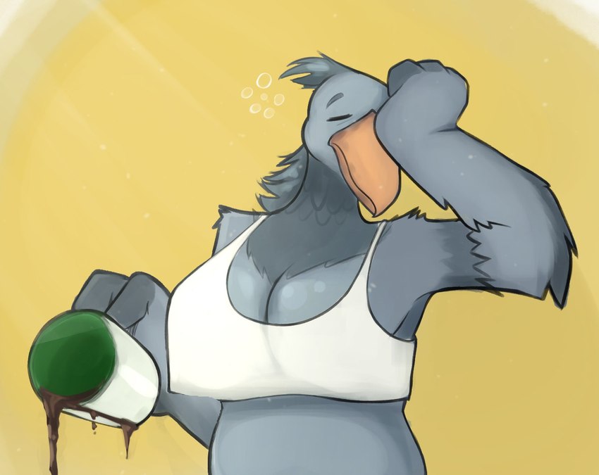 anthro beak beverage big_beak big_breasts breasts coffee coffee_mug curvy_figure eyes_closed feathers female grey_body grey_feathers groggy head_tuft mature_anthro mature_female midriff orange_beak simple_background slightly_chubby slightly_chubby_female solo spilled_drink spilling_drink tuft voluptuous voluptuous_anthro voluptuous_female waking_up winged_arms wings yellow_background seb_valenz sheila_(seb_valenz) avian bird pelecaniform shoebill half-length_portrait portrait