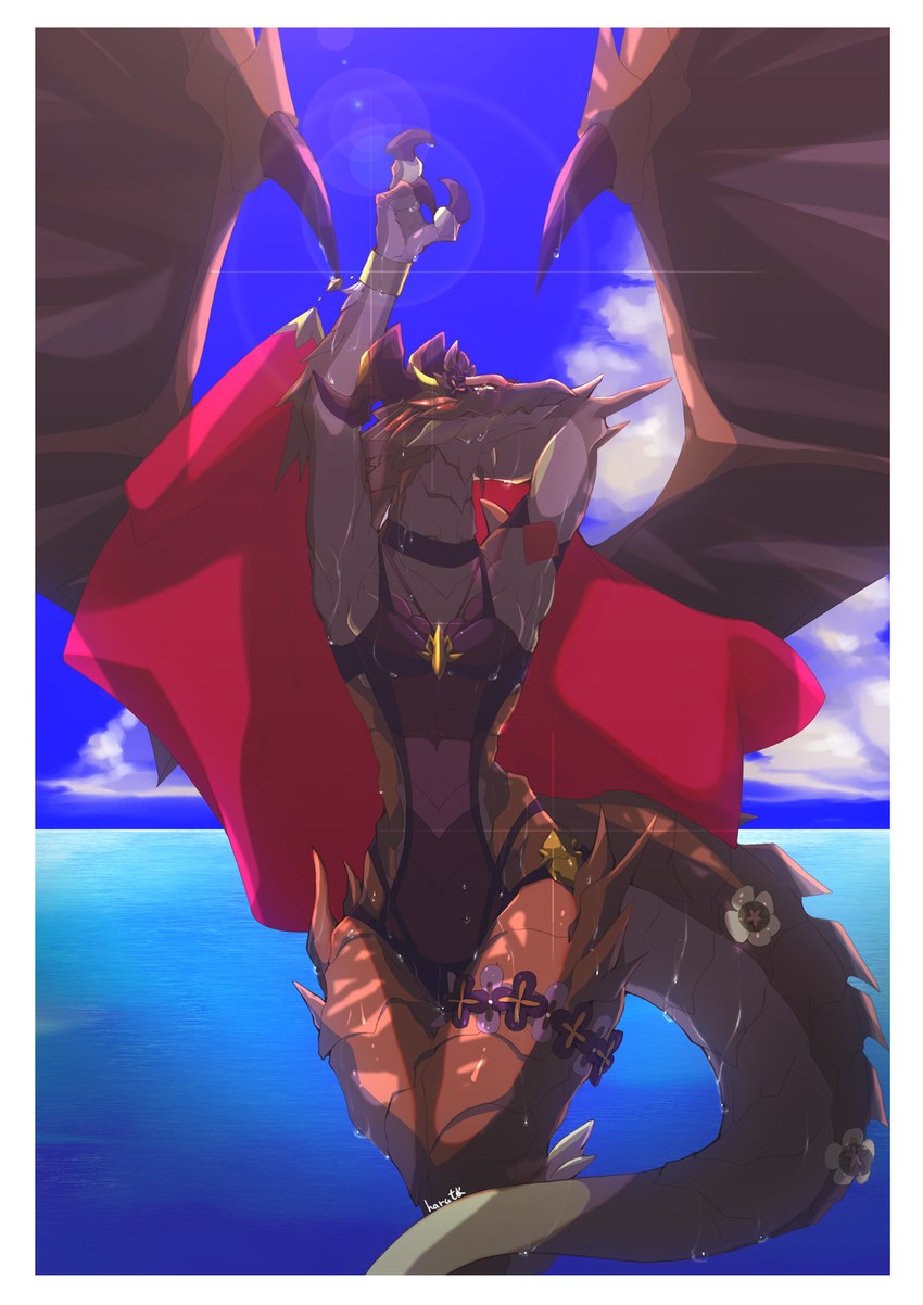 anthro bikini border claws clothed clothing dress female flat_chested flower horn looking_at_viewer membrane_(anatomy) membranous_wings plant purple_clothing red_body red_scales scales solo swimwear tail thick_tail two-piece_swimsuit wet wet_clothing white_body white_border white_scales wings h_rt2 cygames dragalia_lost european_mythology mythology nintendo brunhilda_(dragalia_lost) dragon mythological_creature mythological_scalie scalie western_dragon digital_media_(artwork) hi_res