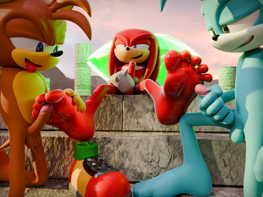 5_toes anthro barefoot blue_body blue_eyes feet foot_fetish foot_play footjob genitals green_eyes group licking male master_emerald nude orange_body penile penis red_body sex shoes_removed soles toes tongue tongue_out feetymcfoot sega sonic_the_hedgehog_(series) fan_character knuckles_the_echidna leo_(feetymcfoot) sledge_the_hedgehog domestic_cat echidna eulipotyphlan felid feline felis hedgehog mammal monotreme 3d_(artwork) digital_media_(artwork) hi_res