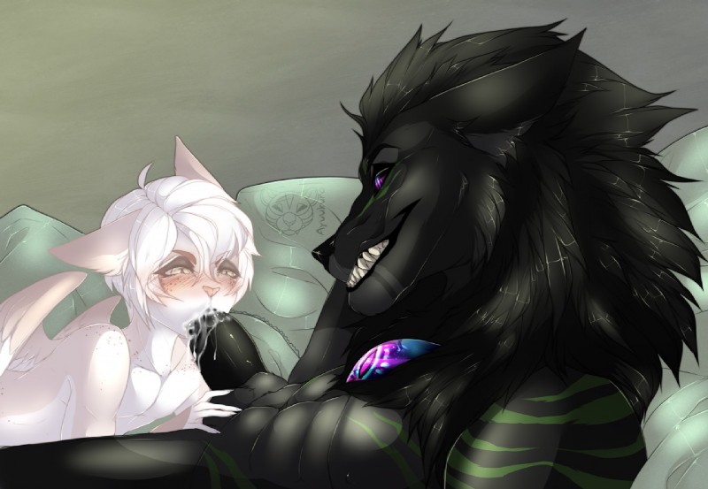 abs anthro anthro_on_anthro anthro_penetrated anthro_penetrating anthro_penetrating_anthro bed black_body black_fur black_nose black_penis blush bodily_fluids cum cum_in_mouth cum_inside deltoids duo erection fellatio femboy fur furniture genital_fluids genitals green_body green_fur green_markings grey_body grey_fur grey_nipples grin half-closed_eyes inner_ear_fluff inside leaking_cum light male male/male male_penetrated male_penetrating male_penetrating_male markings multicolored_body multicolored_fur muscular muscular_male narrowed_eyes nipples oral oral_penetration pecs penetration penile penis pillow pink_nose purple_eyes sex sharp_teeth side_view smile teeth tuft two_tone_body two_tone_fur wings ayuukuro canid canine canis domestic_cat felid feline felis mammal wolf shaded