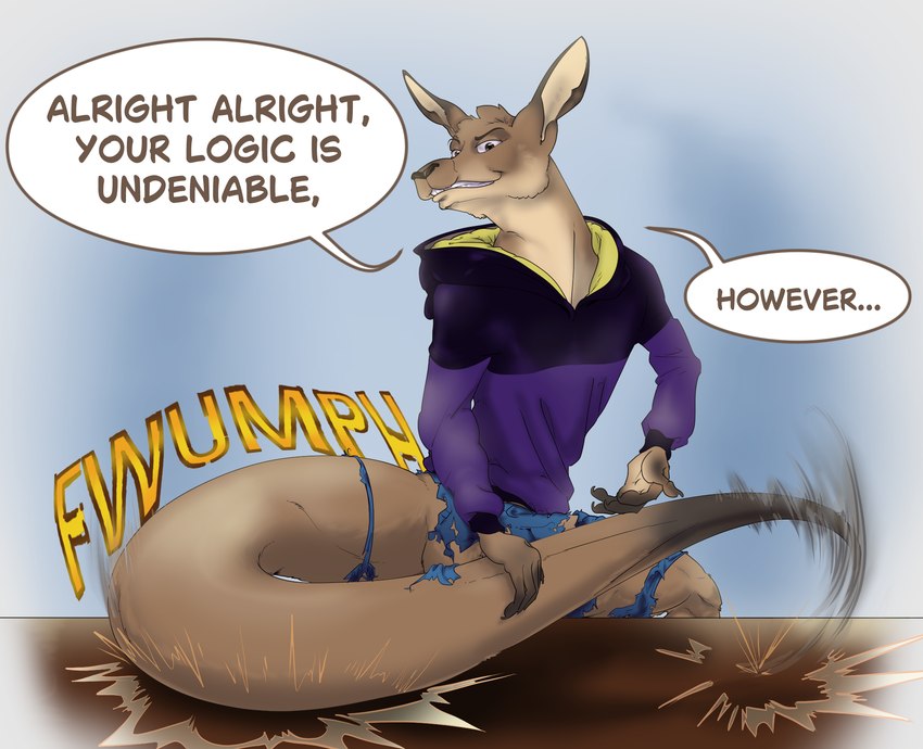 anthro clothed clothing growth holding_tail hoodie looking_at_viewer male mid_transformation simple_background solo sound_effects speech_bubble tabletop tail tail_growth tail_growth_in_pants tailsplosion text topwear torn_clothing transformation proteon kangaroo macropod mammal marsupial english_text hi_res