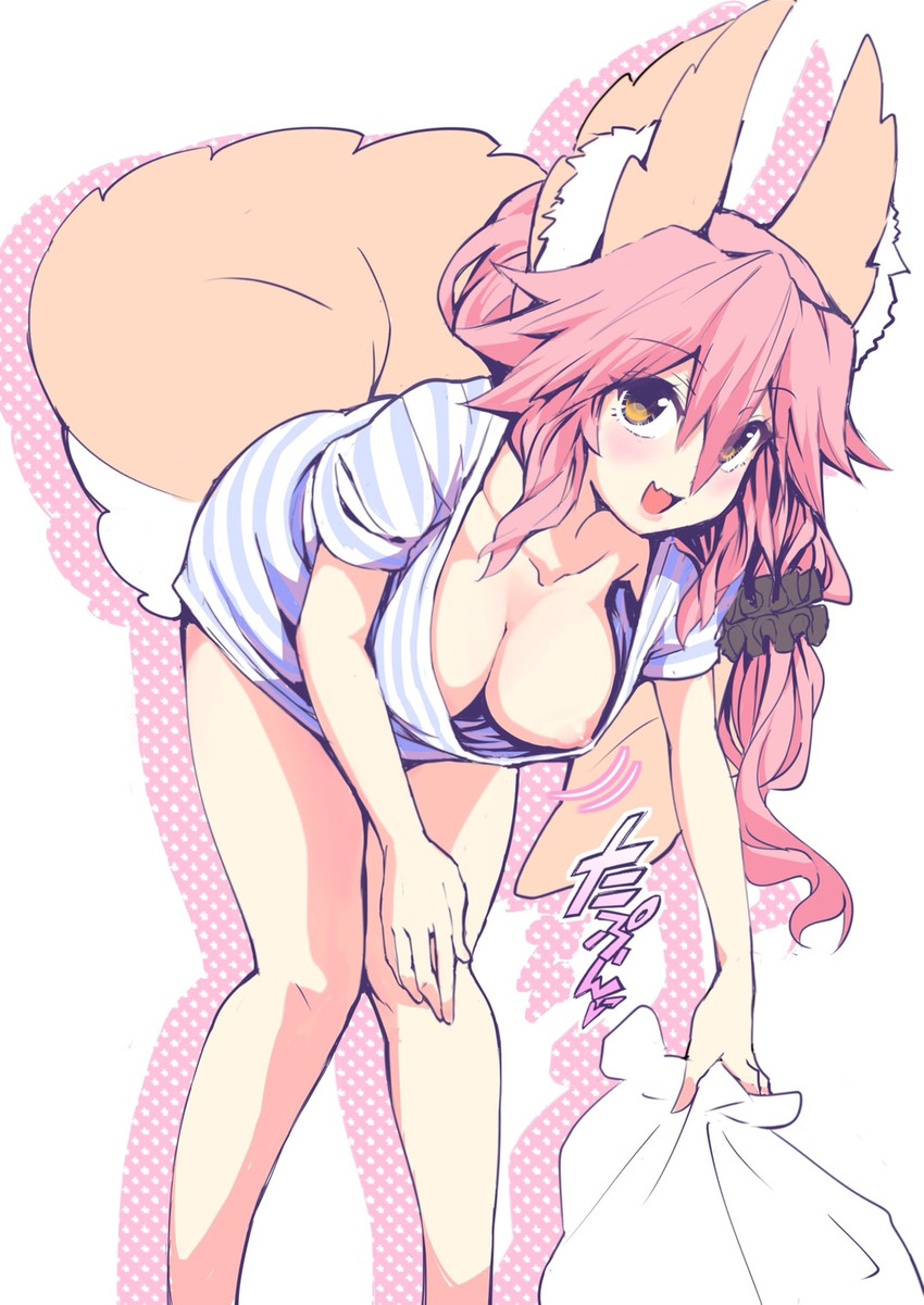 accessory bag bent_over blush breasts clothing down_blouse female hair hair_accessory inner_ear_fluff leaning leaning_forward looking_at_viewer nipples open_mouth pink_hair shirt simple_background smile solo tail topwear tuft white_background wisespeak fate_(series) type-moon caster_tamamo-no-mae animal_humanoid canid canid_humanoid canine canine_humanoid fox_humanoid humanoid mammal mammal_humanoid 2018 hi_res