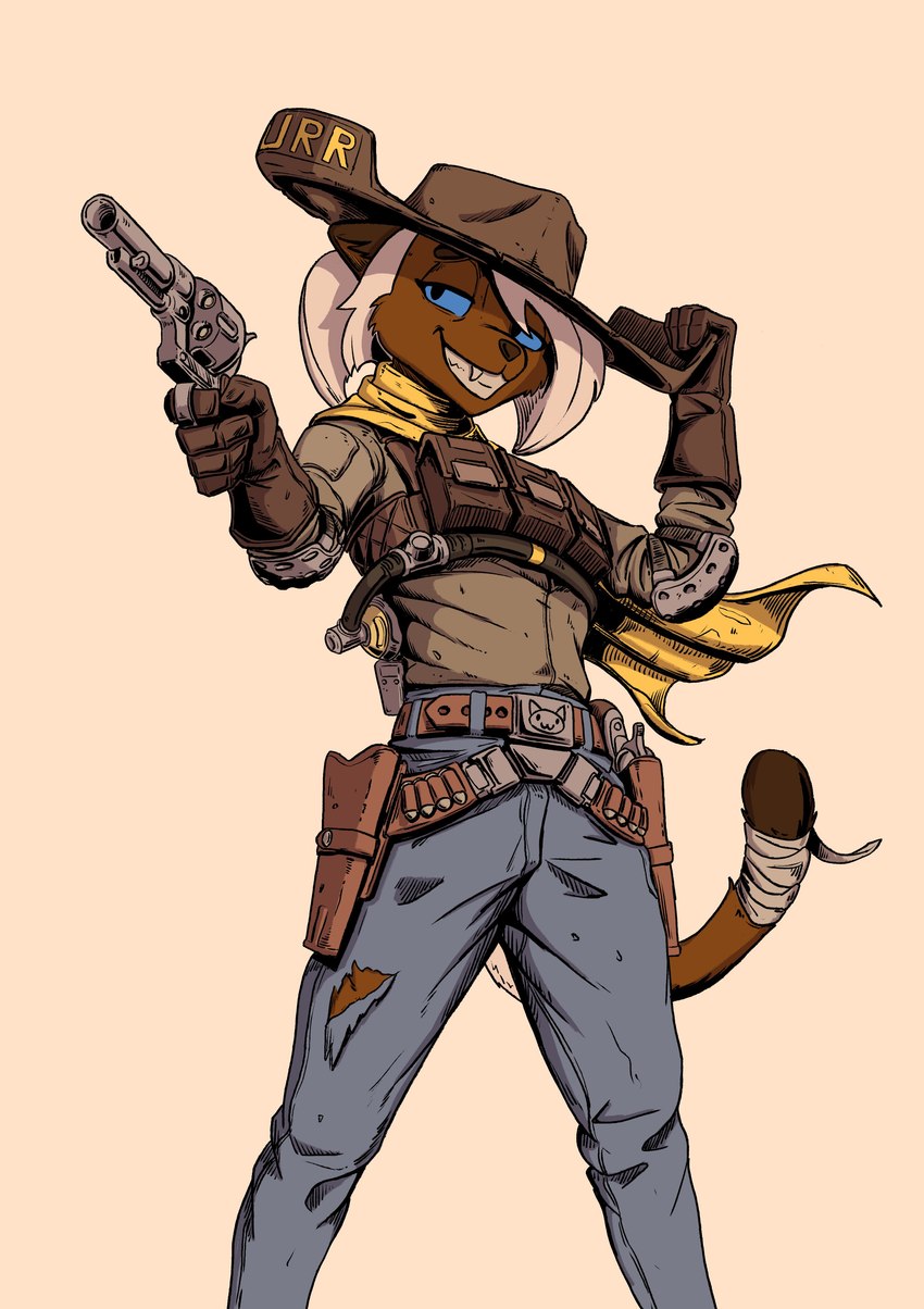 anthro clothed clothing cowboy cowboy_hat female gloves grin gun handgun handwear hat headgear headwear holster ranged_weapon revolver simple_background single_action smile solo standing weapon hungrydazzle percy_(teckworks) felid feline mammal 2022 absurd_res hi_res