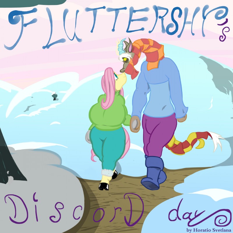 anthro anthrofied big_breasts breasts clothing duo female huge_breasts male outside scarf snow text horatio_svetlana friendship_is_magic hasbro my_little_pony discord_(mlp) fluttershy_(mlp) chimera draconequus equid equine horse mammal pony 1:1 comic compression_artifacts english_text hi_res