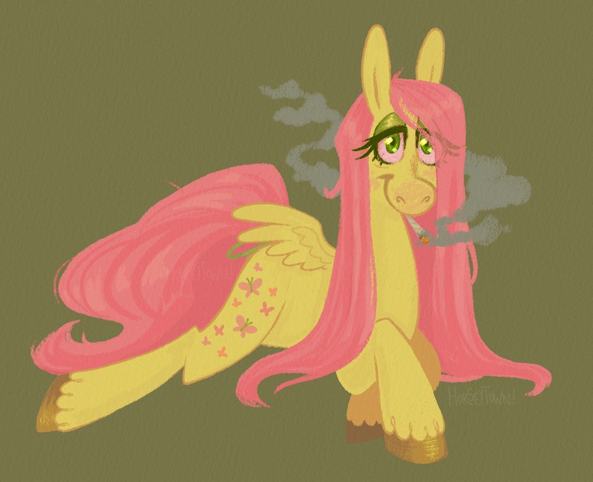 brown_hooves cutie_mark drugs eyelashes feathered_wings feathering feathers female female_feral feral fur green_background green_eyes hooves long_mane long_tail lying mane marijuana marijuana_blunt on_front pink_mane pink_sclera pink_tail quadruped simple_background smoke smoking smoking_marijuana solo substance_intoxication tail unguligrade wings yellow_body yellow_feathers yellow_fur yellow_wings greengrizz friendship_is_magic hasbro my_little_pony mythology fluttershy_(mlp) equid equine mammal mythological_creature mythological_equine pegasus 2022 artist_name colored digital_drawing_(artwork) digital_media_(artwork) hi_res