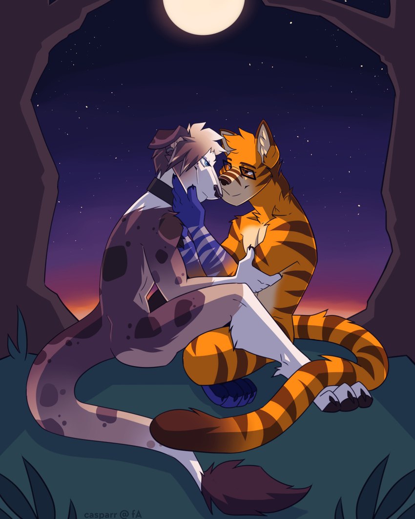 anthro blue_body blue_fur collar duo eyewear fur glasses holding_arm holding_face male male/male night orange_body orange_fur plant romantic romantic_couple stripes sunset tree wearing_glasses casparr avrus hybrid sergal 4:5 hi_res