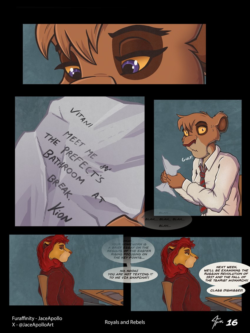 anthro clothing dialogue duo female looking_at_viewer looking_back male male/female note school_uniform text uniform young jace_apollo disney the_lion_guard the_lion_king kion_(the_lion_guard) vitani_(the_lion_king) felid lion mammal pantherine comic english_text hi_res