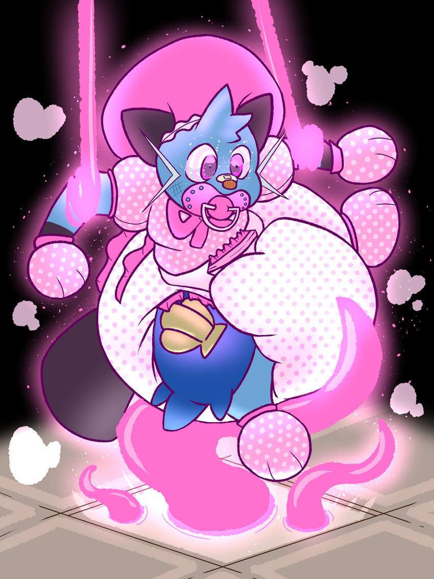 ambiguous_gender anthro band-aid band-aid_on_face band-aid_on_nose bandage bandage_on_face bandage_on_nose black_background black_body black_ears black_tail blue_body bondage_gear bondage_gloves bonnet booties clean_diaper clothed clothing cloud_emanata diaper emanata footwear gloves_(marking) glowing handwear headgear headwear hypnosis intelligence_loss markings mind_control multicolored_body object_in_mouth pacifier pacifier_in_mouth pattern_clothing pattern_topwear pink_bonnet pink_bow pink_clothing pink_footwear pink_headwear pink_pacifier pink_topwear poof_effect restrained restrained_by_tentacles ringed_eyes simple_background solo sparkles spots spotted_clothing spotted_diaper spotted_topwear suspension tail tentacle_trap tentacles topwear trap_(contrivance) wearing_diaper diaperteetah innocentenough nintendo pokemon aqua_(innocentenough) dewott generation_5_pokemon pokemon_(species) 3:4 hi_res