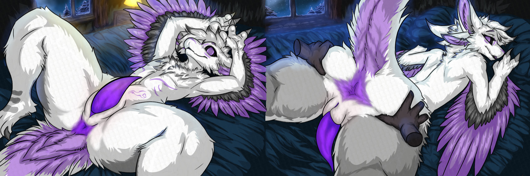 3_fingers 4_fingers animal_genitalia anthro anus backlighting bed big_butt black_body black_fur black_hair black_sclera blue_bedding breasts butt claws feathers featureless_breasts feminine fingers fur furniture genital_slit genitals grey_body grey_claws grey_feathers grey_fur grey_wings hair hands_above_head lamp light lying male markings night on_back on_bed penis pillow pink_body pink_eyes pink_feathers pink_fur pink_markings pink_tail pink_wings plant presenting presenting_anus presenting_crotch presenting_hindquarters presenting_penis purple_anus purple_genitals purple_penis slit_penis snow snow_on_trees snowing solo spread_anus spread_butt spreading tail thick_thighs tree white_body white_fur white_hair white_tail window winged_arms wings winter wood alexen_0 avery_(averyvali) avali absurd_res colored digital_drawing_(artwork) digital_media_(artwork) hi_res huge_filesize lighting line_art shaded