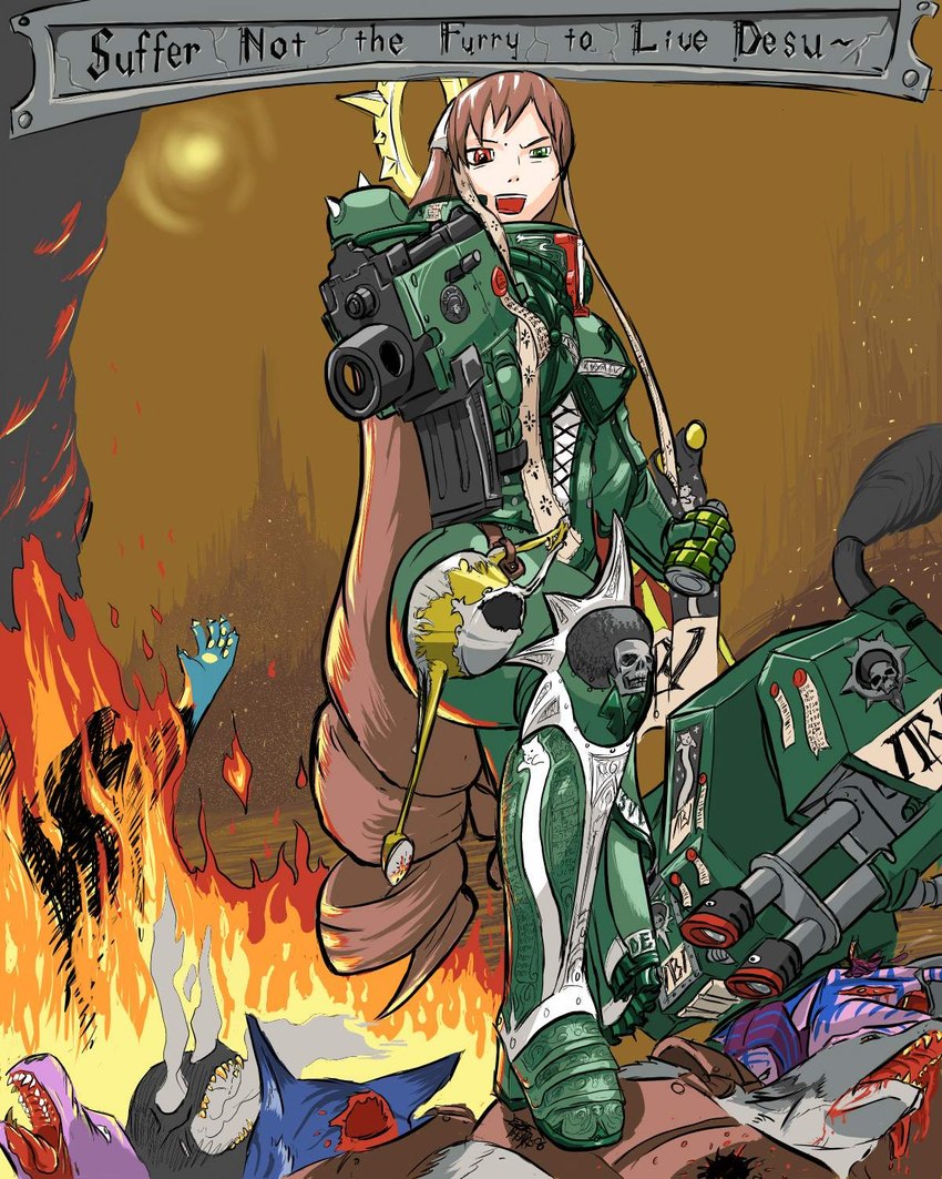 adepta_sororitas adeptus_astartes armor banana_magazine battle blood bodily_fluids bolter bone boob_armor boots chaos clothing corpse cosplay crossover_cosplay death drama explosives exterminatus female fire footwear foreshortening fursecution genocide gore green_armor green_eyes grenade group gun halo heterochromia high_heeled_boots high_heels holding_bolter holding_object holding_ranged_weapon holding_weapon human_focus machine power_armor purple_eyes ranged_weapon red_eyes shoes side_view skull smoke solo_focus space_marine watering_can weapon what unknown_artist 4chan longcat rozen_maiden shoop_da_whoop warhammer_(franchise) warhammer_40000 desu sister_of_battle suiseiseki canid canine human mammal scalie 4:5 crossover hi_res meme