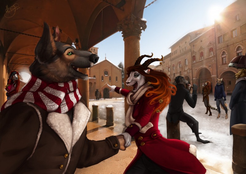 anthro architecture bell building church clothed clothing cross detailed_background ear_piercing excited facial_markings female fur green_eyes group hair hand_holding head_markings horn light male markings multicolored_body multicolored_fur open_mouth outside piercing red_hair scarf shadow smile snow standing sun sunlight winter thescarletartist scarlet_(thescarletartist) bovid canid canine canis caprine domestic_dog felid german_shepherd goat herding_dog hybrid leopard lion mammal pantherine pastoral_dog snow_leopard absurd_res digital_media_(artwork) digital_painting_(artwork) hi_res signature