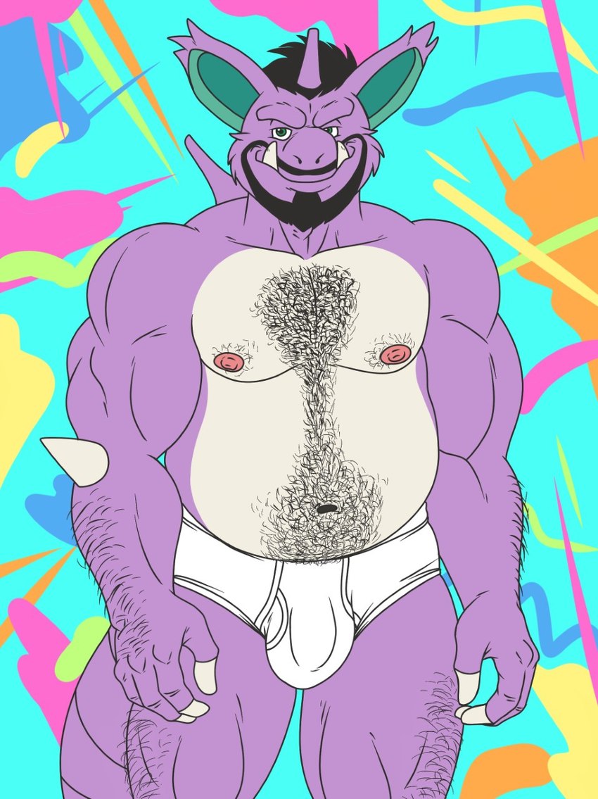 abstract_art anthro beard black_hair blue_eyes body_hair briefs briefs_only bulge clothed clothing detailed_background detailed_bulge facial_hair genital_outline hair hairy male mustache navel nipples penis_outline purple_body purple_scales scales smile solo tighty_whities topless tusks underwear underwear_only white_briefs white_clothing white_underwear rthur hanes nintendo pokemon eightane_(character) eighty_stevedore_nido generation_1_pokemon nidoking pokemon_(species) hi_res