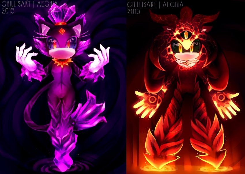 3_eyes anthro clothing crystal duo female fur gloves handwear lava male multi_eye purple_body purple_fur red_body red_fur yellow_eyes spacecolonie sega sonic_the_hedgehog_(series) blaze_the_cat iblis mephiles_the_dark silver_the_hedgehog domestic_cat elemental_creature eulipotyphlan felid feline felis hedgehog lava_creature mammal mineral_fauna 2015 hi_res