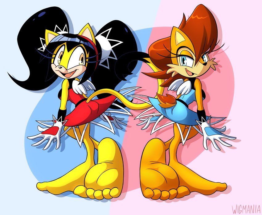 barefoot big_feet black_hair blue_clothing clothing duo feet female foot_fetish foot_focus fur gloves hair handwear humanoid_feet open_mouth open_smile plantigrade simple_background smile soles tail toes wings yellow_body yellow_fur wigmania archie_comics sega sonic_the_fighters sonic_the_hedgehog_(archie) sonic_the_hedgehog_(comics) sonic_the_hedgehog_(series) honey_the_cat sally_acorn domestic_cat felid feline felis mammal rodent sciurid tree_squirrel absurd_res hi_res