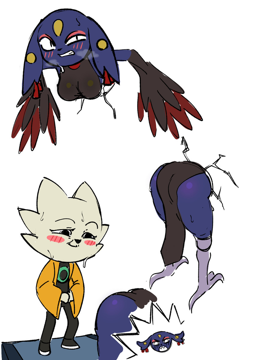 anthro avian_feet big_breasts big_butt black_bodysuit black_clothing black_eyes black_footwear black_nose black_shoes black_skinsuit blue_body blue_fur blush blush_lines blush_stickers bodily_fluids bodysuit breasts breath butt clothing coat duo ear_piercing eyeshadow female floppy_ears footwear forehead_gem front_view fur gem lop_ears makeup male piercing pink_eyeshadow prosthetic prosthetic_leg prosthetic_limb pupils rear_view simple_background skinsuit slit_pupils stuck sweat thick_thighs through_wall tight_clothing topwear white_background white_body white_fur wide_hips winged_arms wings yellow_clothing yellow_coat yellow_topwear member123 nine_sols red_candle_games goumang_(nine_sols) yi_(nine_sols) felid feline mammal solarian hi_res