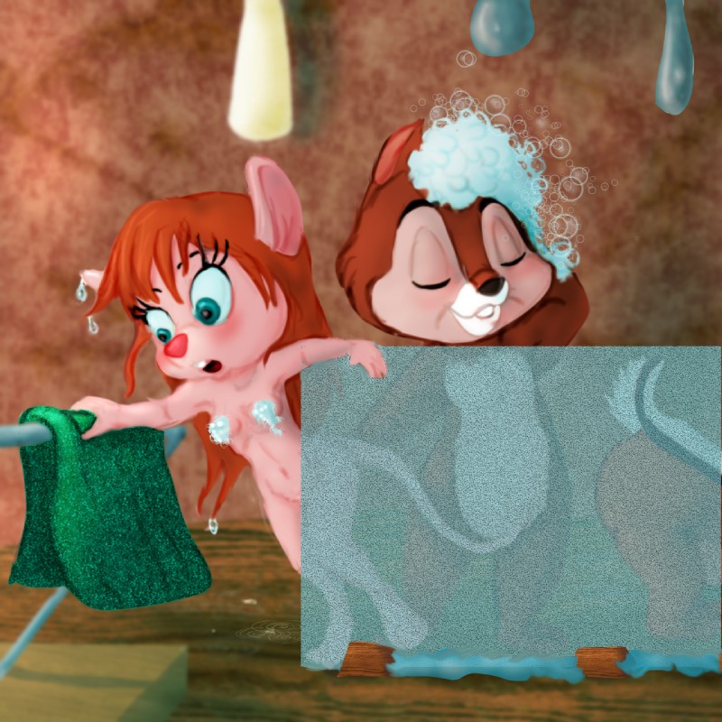 anthro bent_over black_nose blue_eyes breasts brown_body brown_fur bubble butt butt_grab convenient_censorship facial_hair female fur glass grope group hair hand_on_butt long_hair male multitasking nude open_mouth shower strategically_covered towel water wet wet_hair funimal mousetache chip_'n_dale_rescue_rangers disney chip_(disney) dale_(disney) gadget_hackwrench chipmunk ground_squirrel mammal mouse murid murine rodent sciurid 1:1 2019 hi_res