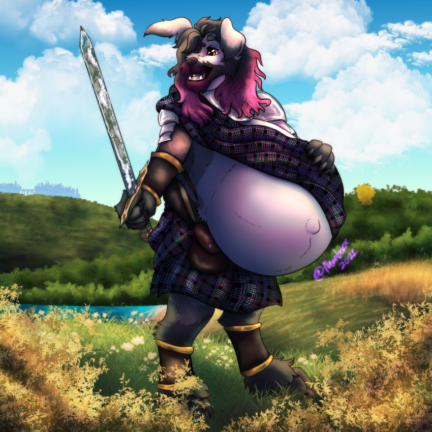 anthro armor belly big_belly bottomwear clothing field floppy_ears great_kilt hair highlights_(coloring) hyper hyper_pregnancy kilt knight long_hair male melee_weapon pregnant pregnant_male solo sporran sword warrior weapon neonbarx canid canine mammal 1:1 hi_res