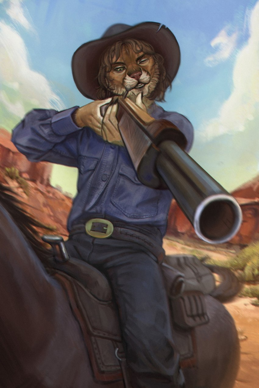 5_fingers aiming_at_viewer aiming_gun aiming_weapon anthro belt belt_buckle blue_clothing blue_shirt blue_topwear bottomwear brown_belt brown_body brown_cowboy_hat brown_fur brown_hair buckle clothed clothing cloud cowboy_hat cowboy_outfit dress_shirt fingers front_view fully_clothed fur grey_bottomwear grey_clothing grey_pants gun hair hat headgear headwear holding_gun holding_object holding_ranged_weapon holding_shotgun holding_weapon horseback_riding male messy_hair one_eye_closed outside pants pink_nose pointing_gun ranged_weapon riding saddle saddle_bag shirt shotgun sky slim_anthro snout solo_focus topwear weapon wishbone_mouth yellow_body yellow_fur marmoratus luke_(contritecougar) cougar equid equine felid feline horse mammal 2022 hi_res