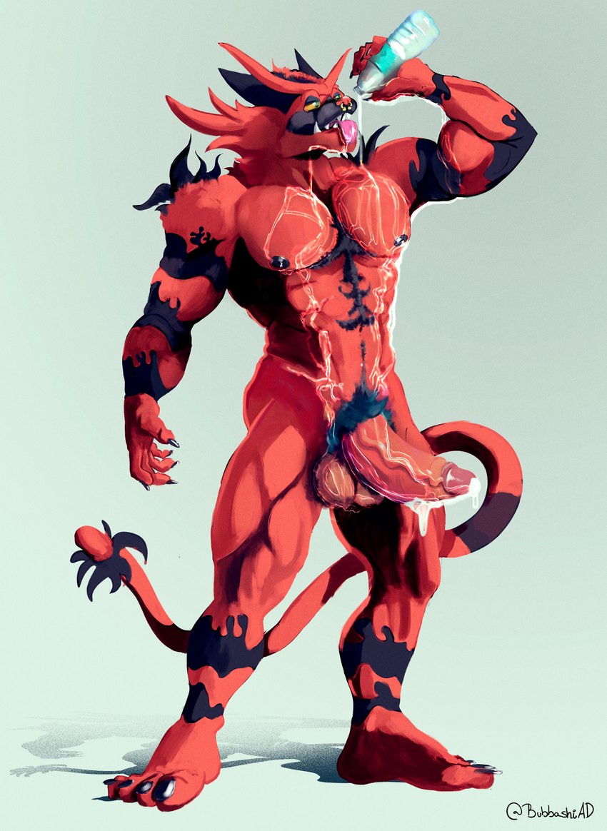 anthro balls biceps big_penis bodily_fluids cum erection fur genital_fluids genitals hair humanoid_genitalia humanoid_penis male muscular muscular_anthro muscular_male nipples nude open_mouth pecs penile penis piercing red_body red_fur simple_background smile solo teeth tongue vein water bubbashiad nintendo pokemon felid feline generation_7_pokemon incineroar mammal pokemon_(species) 2021 absurd_res digital_media_(artwork) hi_res