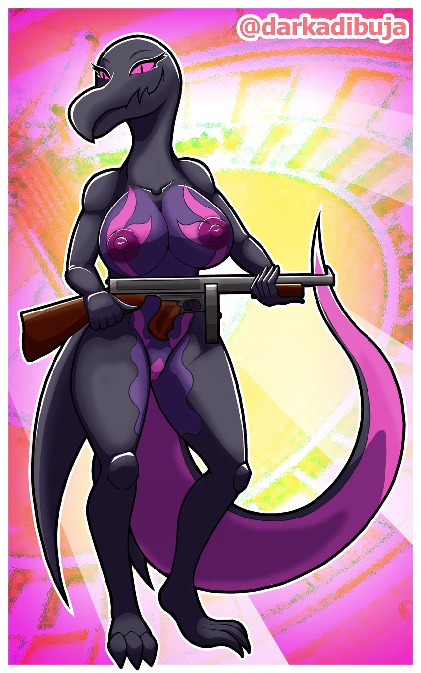 anthro areola big_breasts breasts female genitals grey_body gun nipples pink_eyes purple_areola purple_nipples pussy ranged_weapon solo submachine_gun tail thompson_gun weapon darkadibuja nintendo pokemon generation_7_pokemon pokemon_(species) salazzle absurd_res hi_res