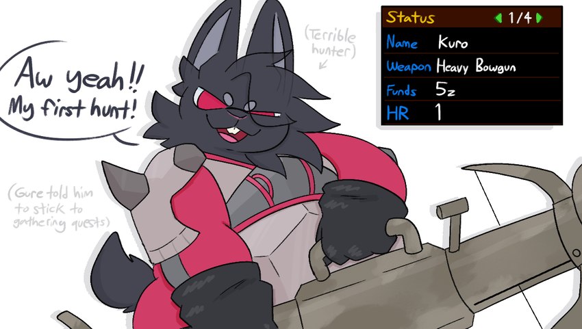 anthro armor black_body clothing gameplay_mechanics gun male ranged_weapon red_eyes solo text underwear weapon rofakuro capcom monster_hunter kuro_(rofakuro) lagomorph leporid mammal rabbit colored comic english_text