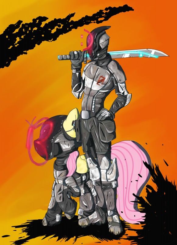 armor duo feathered_wings feathers female hair melee_weapon pink_hair smile sword tail weapon wings yellow_body yellow_feathers steptrool 2k_games borderlands friendship_is_magic hasbro my_little_pony mythology fluttershy_(mlp) zer0_(borderlands) equid equine mammal mythological_creature mythological_equine pegasus absurd_res crossover hi_res