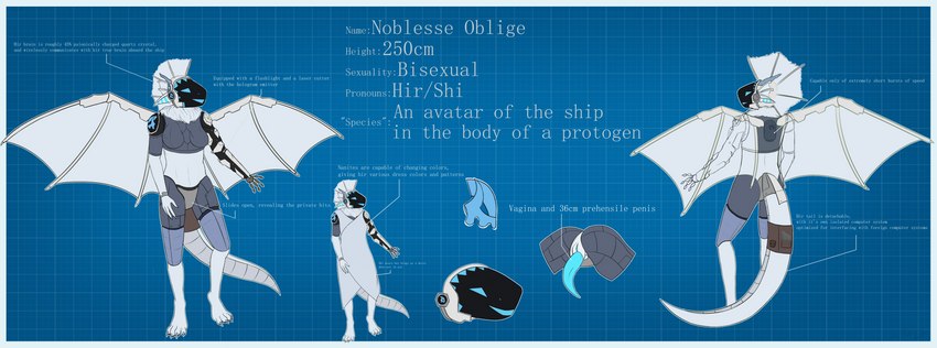 accessory anthro big_penis blueprint blueprint_background clothing cybernetics dress furgonomics genitals herm intersex machine penis pussy solo tail tail_accessory text wings volpek6 protogen absurd_res english_text hi_res model_sheet