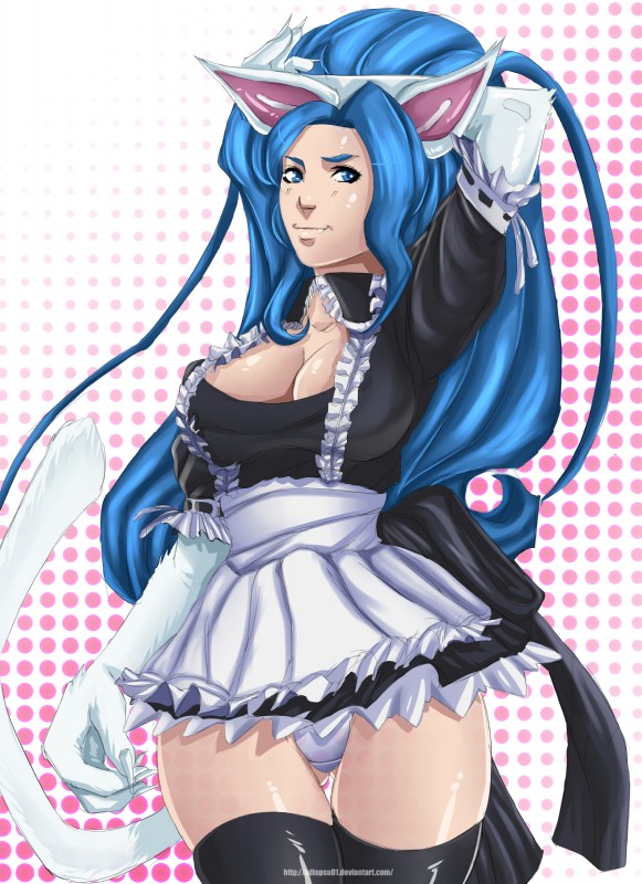 big_breasts blue_eyes blue_hair breasts claws cleavage clothed clothing dress fangs female fur hair hand_behind_head legwear long_hair looking_back maid_uniform panties pattern_background simple_background smile solo standing stockings teeth underwear uniform white_body white_fur xdtopsu01 capcom darkstalkers felicia_(darkstalkers) animal_humanoid cat_humanoid felid felid_humanoid feline feline_humanoid humanoid mammal mammal_humanoid 2014 absurd_res hi_res