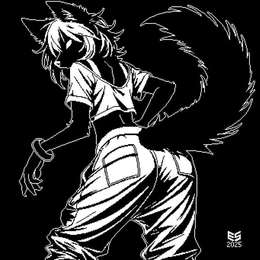 anthro bangle bra_strap bracelet butt butt_focus clothing crop_top female jewelry looking_back midriff shirt solo topwear ezeeshady canid canine canis mammal wolf 1:1 2025 black_and_white digital_media_(artwork) monochrome pixel_(artwork)