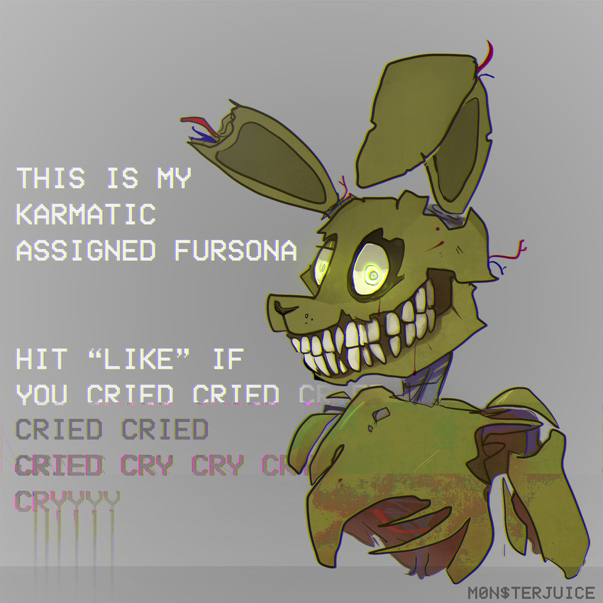 anthro big_mouth_(anatomy) blood blood_stain bodily_fluids dialogue glowing glowing_eyes green_ears green_eyes green_nose grey_background long_ears looking_at_viewer machine male nightmare_fuel notched_ear one_eye_half-closed sharp_teeth simple_background smile solo teeth text toony torn_body wide_eyed wire yellow_sclera rosemary-the-skunk five_nights_at_freddy's five_nights_at_freddy's_3 scottgames springtrap_(fnaf) animatronic lagomorph leporid mammal rabbit robot 1:1 english_text half-length_portrait hi_res portrait