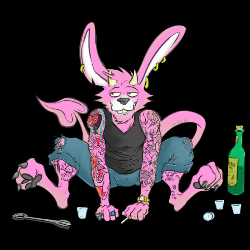 3_fingers alcohol anthro barefoot beverage biped bone bottle buckteeth cigarette claws clock clothed clothing container drunk ear_piercing feet fingers front_view fur grin horn jewelry long_ears male markings pawpads piercing pink_body pink_fur ring scar sitting skull smile solo spade_tail substance_intoxication tail tattoo teeth toe_claws toes tools watch wrench madlag demon lagomorph leporid mammal rabbit 1:1 2019 alpha_channel digital_drawing_(artwork) digital_media_(artwork) hi_res signature