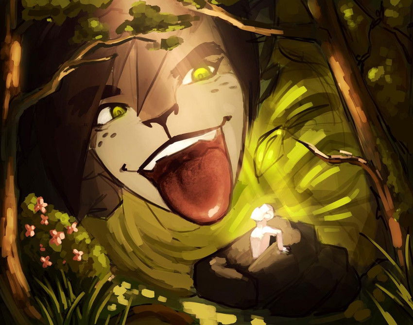 anthro duo extreme_size_difference fantasy forest freckles green_eyes imminent_vore macro male male_pred male_prey mouth_shot open_mouth plant size_difference solo_focus tongue tongue_out tree uvula vore cbl_art ferris_(cbl_art) faun digital_media_(artwork) digital_painting_(artwork) painting_(artwork)