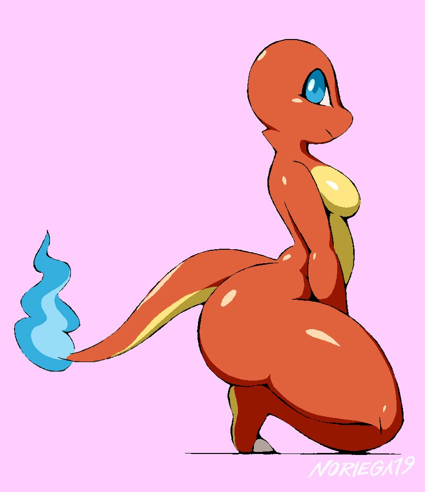 anthro big_butt biped blue_eyes blue_fire breasts butt claws colored_fire crouching featureless_breasts female fire flaming_tail glistening glistening_body non-mammal_breasts nude orange_body pear-shaped_figure purple_background side_view simple_background small_breasts solo tail thick_thighs wide_hips noriega nintendo pokemon charmi_(noriega) fan_character charmander generation_1_pokemon pokemon_(species) reptile scalie 2019 digital_drawing_(artwork) digital_media_(artwork) full-length_portrait portrait signature