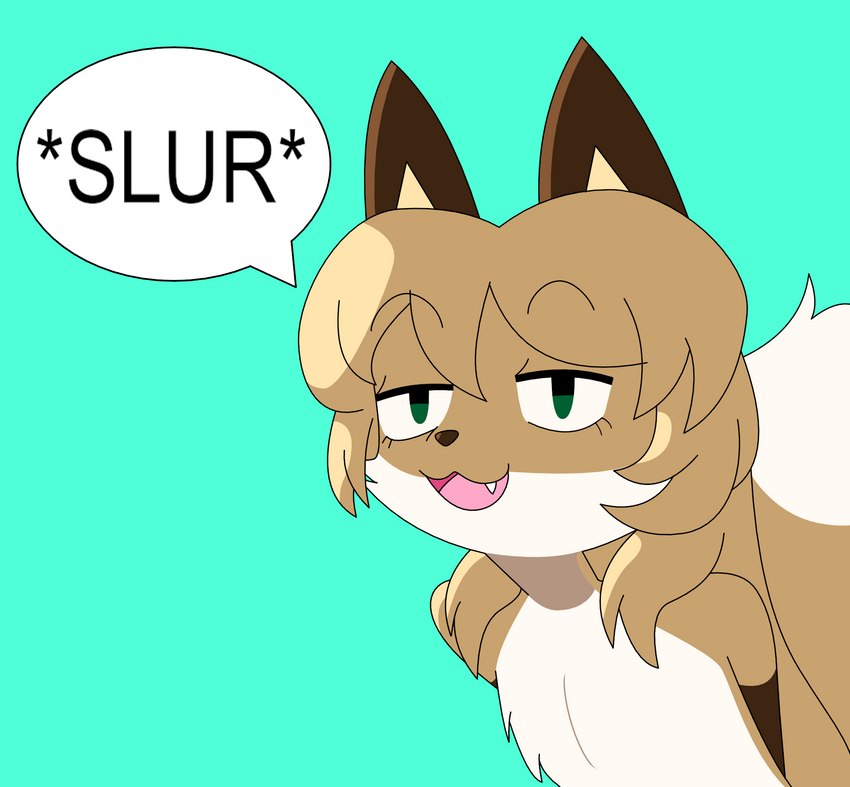 anthro brown_body brown_fur cute_fangs fangs female flat_chested fur green_eyes hair long_hair looking_at_viewer open_mouth simple_background slur smug solo speech_bubble teeth text white_body white_fur conditional_dnp redcrystal averi_(fiddleafox) canid canine fox mammal red_fox true_fox grandfathered_content hi_res reaction_image